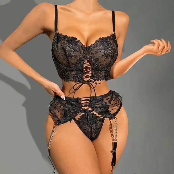 Sexy Set 3-Piece Luxury Flower Embroidery Lace Bra Set Women Underwire Steel Ring Bra Thong Underwear Set Lace Up Sexy Lingerie Set 231026