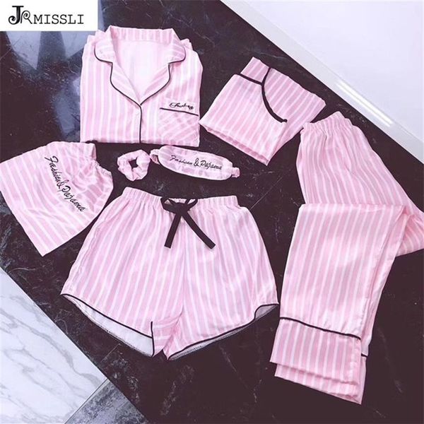 JRMISSLI donna 7 pezzi pigiama rosa set raso di seta lingerie sexy abbigliamento per la casa pigiama pigiama set pijama donna Y201012315E