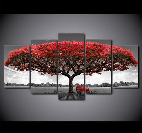 5 pezzi HD stampata su tela in bianco e nero rosso albero pittura immagini a parete per soggiorno moderno arte della parete su tela Painting7188312