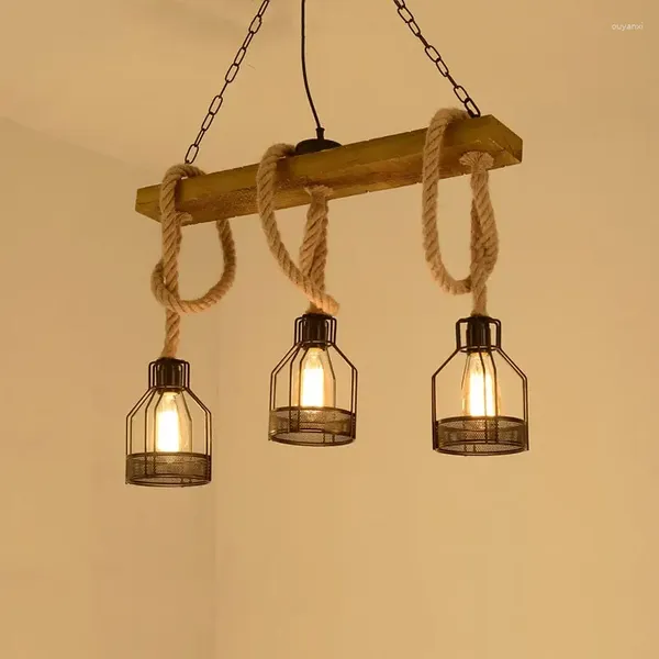 Подвесные светильники с 3 головками, ретро промышленная люстра, деревянная лампа, железная веревка, подвесное освещение для ресторана, столовой, кафе-бара