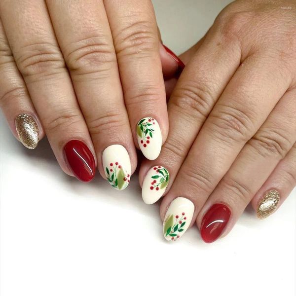 Künstliche Nägel, 24 Stück, zum Aufdrücken in Mandelform, glänzendes Rot mit Glitzer-Design, weihnachtliche grüne Blätter, süße Weihnachten für Frauen