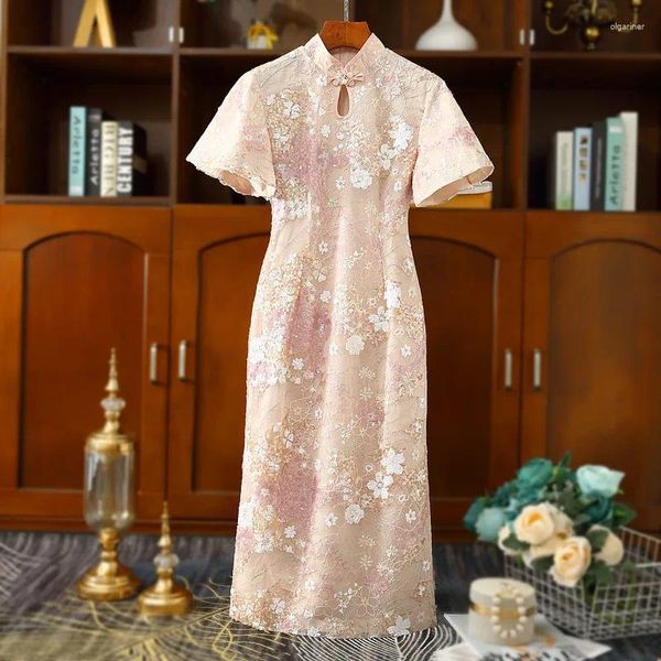 Ethnische Kleidung Jahr Chirpaur Chinesische Dame Glitzerndes Qipao-Pailletten-Hochzeitsabendkleid