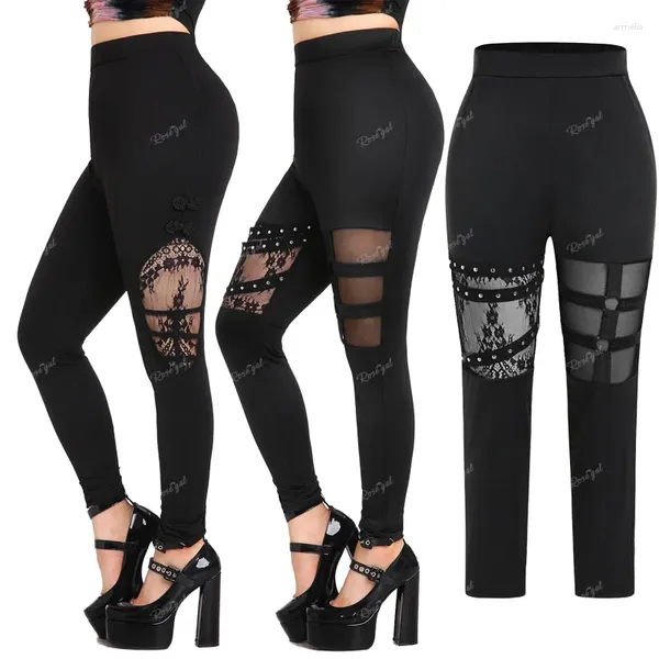 Damenhosen ROSEGAL Plus Size Gothic Lace Panel Mesh Studs Caged Cutout Schwarz Frauen Sexy Pull On Leggings Skinny Hosen Mujer 4XL