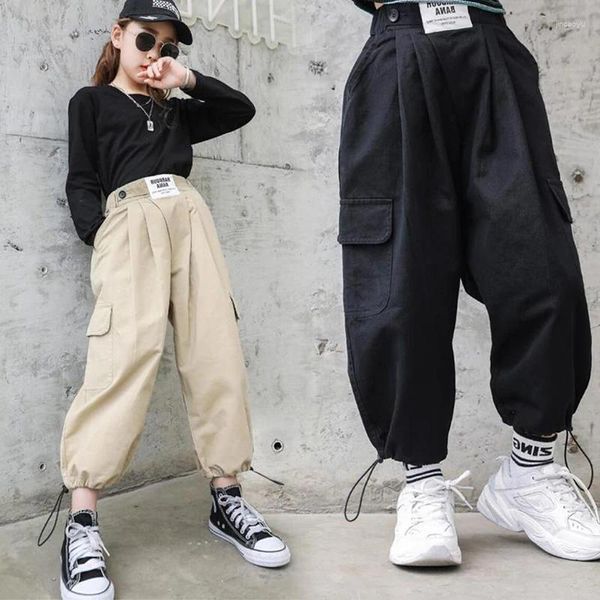 Calças crianças algodão hip hop sweatpants perna larga harem calças de carga para meninas jazz dança traje roupas bege preto