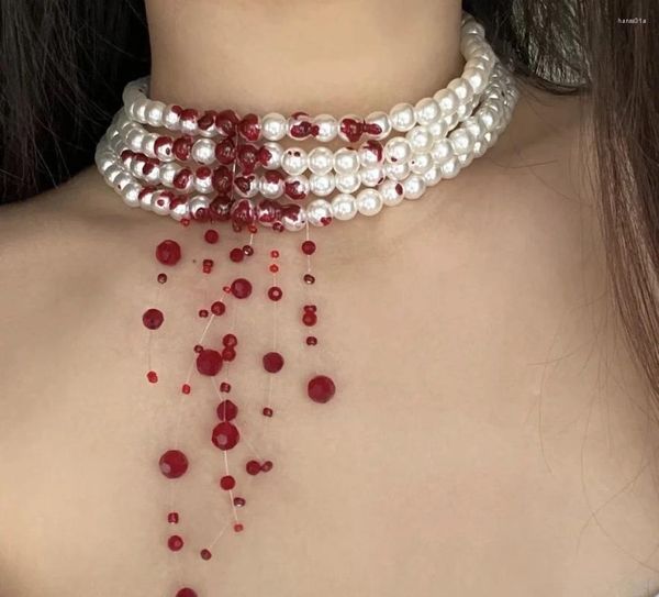 Fontes de festa lolita série vampiro gótico elegante retro pérola gota de sangue pingente colar chocker borlas acessórios cosplay dia das bruxas