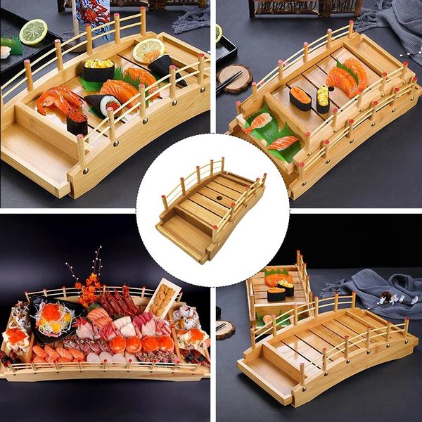 Ferramentas de sushi japonês bambu ponte de madeira cozinha barcos sashimi placa prato arco talheres decoração ornamento 231026