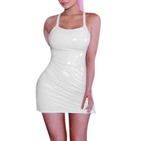 Casual Kleider Frauen Sexy Sling Einfache Feste Leder Wetlook Nachtclub Bodycon Damen Slim Party Kurze Mini Dress2444