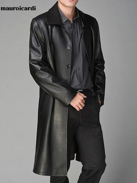 Мужской кожаный плащ из искусственной кожи Mauroicardi, осенний длинный черный плащ для женщин, однобортный с рукавами, роскошный модный британский стиль 231025