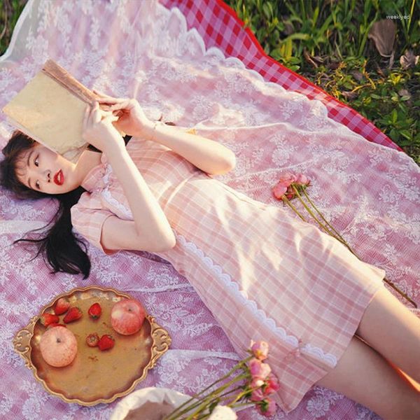 Ethnische Kleidung 2023 Sommer Rosa Literarisch Plaid Kurz Sexy Cheongsam Mädchen Chinesischen Stil Moderne Verbesserte Qipao Asiatische Quipao Kleid Für Frauen