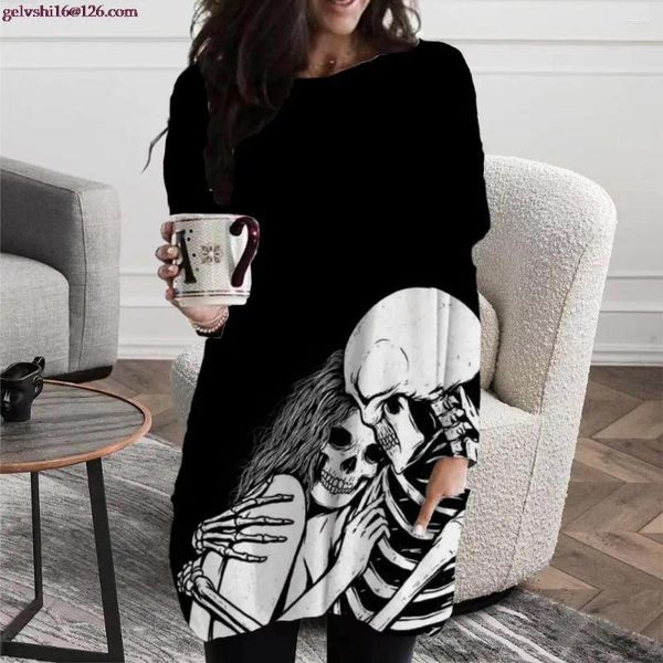 Damen Hoodies Herbst und Winter Langarm Pullover Black Series Bedrucktes T-Shirt Kleid Halloween Horror Lustiges Muster Top