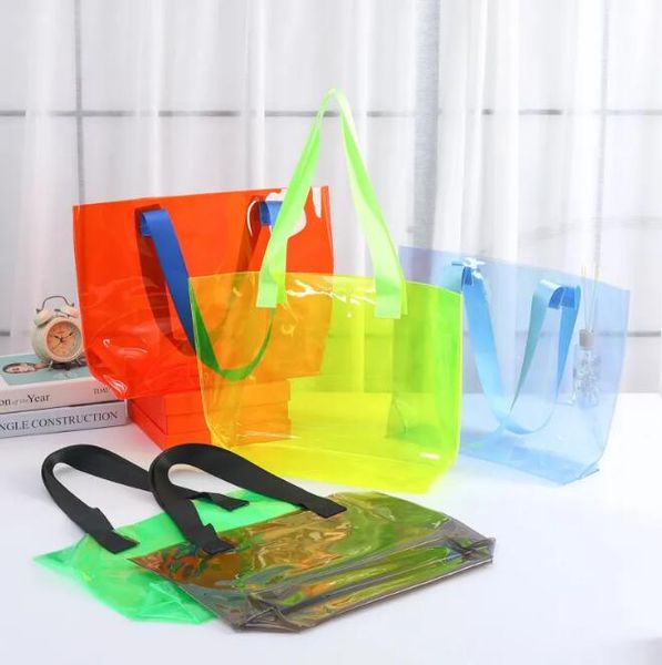 Große farbige Einkaufstasche, transparente Einkaufstaschen, Schulterhandtasche, PVC, wasserdichte Aufbewahrungstasche für Plastiktüten