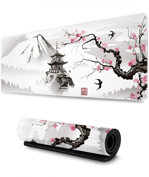 Mouse pads descansos de pulso sakura mousepad personalizado computador mesa tapetes escritório laptop borracha natural macio mouse pad japonês pagode e flor de cerejeira 231025