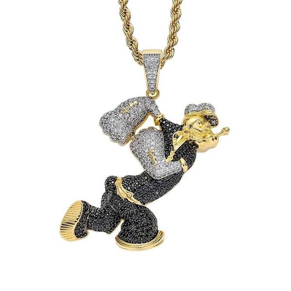 Colares pingentes congelados completo zircão cúbico personagem dos desenhos animados Popeye pingentes colar para homens hip hop rapper jóias gift244u