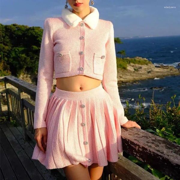 Arbeitskleider VII 2023 Marke SP Herbst Damenbekleidung Debütantin-Stil Rosa Pullover Kragen Strickjacke Top und Faltenrock Angebote