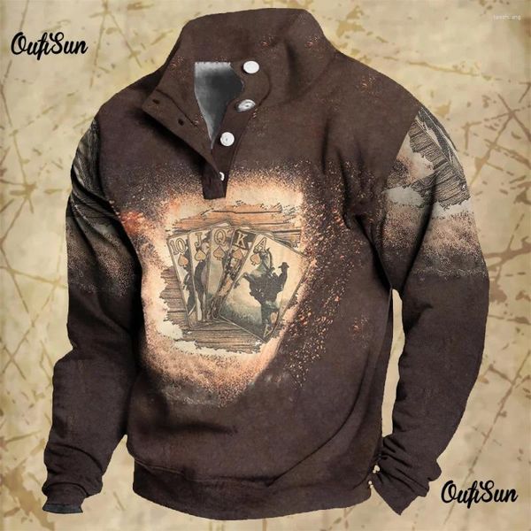 Herren Hoodies Vintage Sweatshirt Herbst Langarm Poker Print Mode Lässig Pullover Übergroße Männliche Kleidung Knöpfe