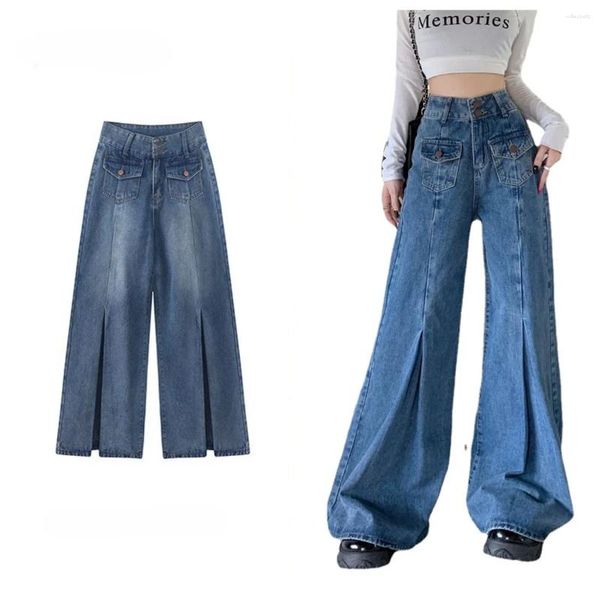 Jeans da donna Donna con pantaloni svasati a pieghe Pantaloni leggeri in denim con fondo a campana Y2k Vita alta Taglie forti Gamba larga Abbigliamento Jean blu