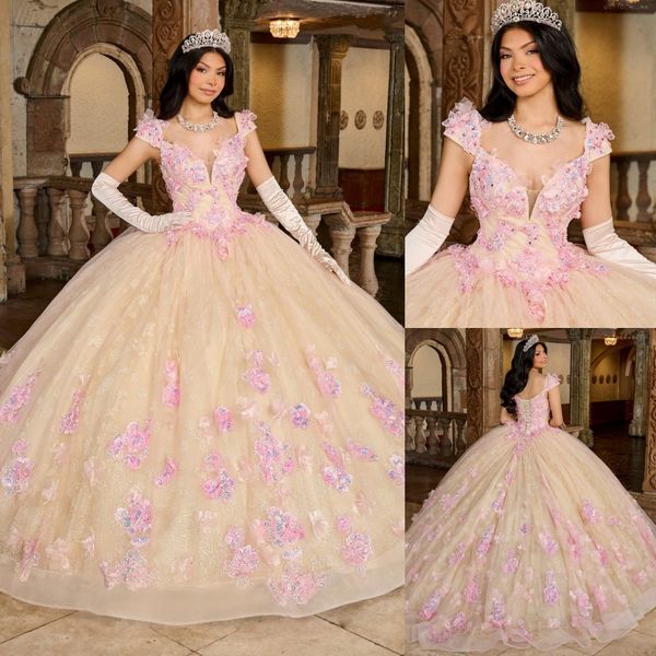 Charmantes Ballkleid Perlen Spitze Quinceanera Kleider 3D Appliked Prom Kleider reine stürzende Ausschnitt Tüll Süße 15 Masquerade Kleid 415