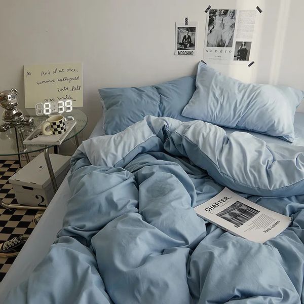 Conjuntos de cama Ins Estilo Conjunto Sólido Azul Duveta Capa Folha Plana com Fronhas Twin Tamanho Completo Menino Meninas Kit de Linho 231026