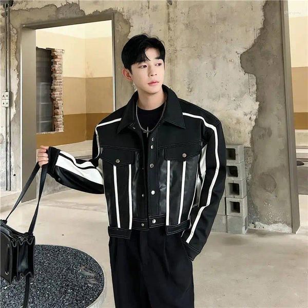 Jaquetas masculinas homens contraste cor solta jaqueta curta outono 2023 hip hop moda coreano lapela casal casaco bonito streetwear masculino