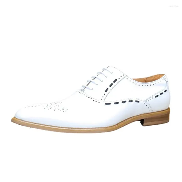 Scarpe eleganti da uomo in vera pelle bianca, stringate formali oxford, scarpe a punta, brogue da sposa