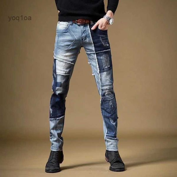 Jeans masculinos luz luxo masculino rua moda cor contraste jeans retalhos arranhões estilo punk calças jeans na moda casual calças jeans; l231026