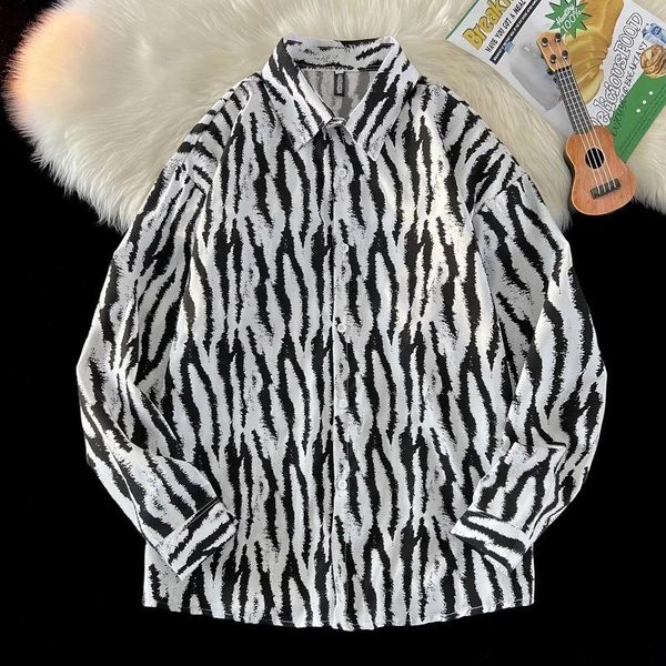 Camicie casual da uomo Modello zebrato Uomo Strisce di animali africani Camicia con stampa Manica lunga Trendy Y2K Camicette Autunno Graphic Top E98