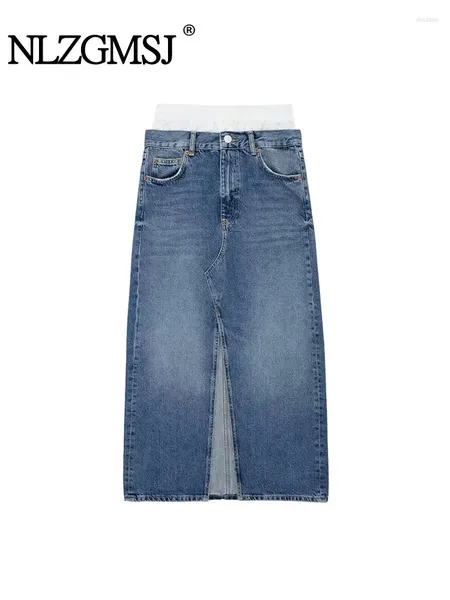 Юбки Nlzgmsj 2023, лето-осень, макси-юбка с разрезом, женская джинсовая длинная уличная юбка на молнии с высокой талией