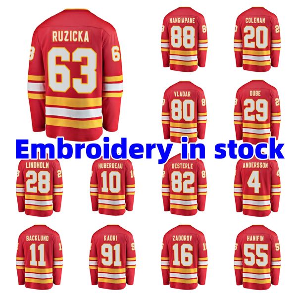 New arrive Hockey Jerseys #10 JONATHAN HUBERDEAU DILLON DUBE ANDREW MANGIAPANE MIKAEL BACKLUND Home away Player Jersey - Red black