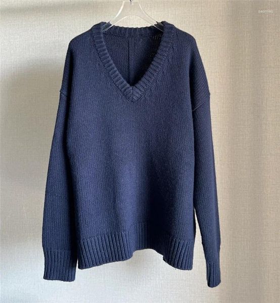 Suéteres femininos 2023 inverno camisola marca designer com decote em v pullovers marinha luxo cashmere roupas topo para senhoras