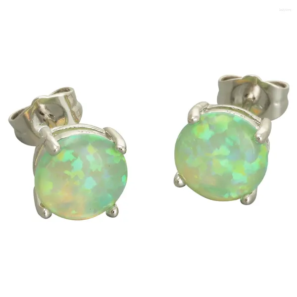 Ohrstecker KONGMOON 8 mm runder Kiwi-grüner Feueropal-Cabochon, versilberter Schmuck für Frauen, einfaches Piercing