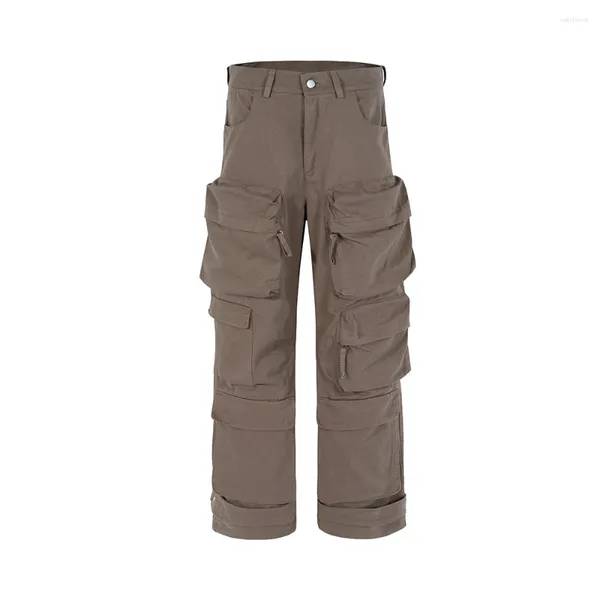 Calças masculinas y2k multi-bolsos em linha reta baggy carga para homens preto macacão streetwear solto calças casuais oversized marrom