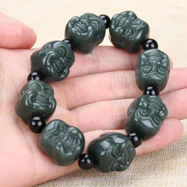 Link pulseiras nefrite natural dupla face cabeça de buda corda de mão masculina pulseira de jade suprimentos budistas