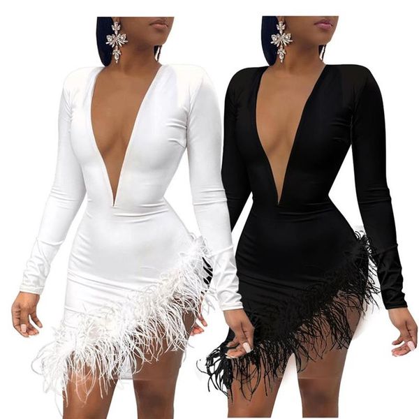 Frauen Solide Plunge Flauschigen Unregelmäßige Party Kleid Unregelmäßige Bodycon Mini Kleid Mode Lässig Stil Schwarz und White300Z