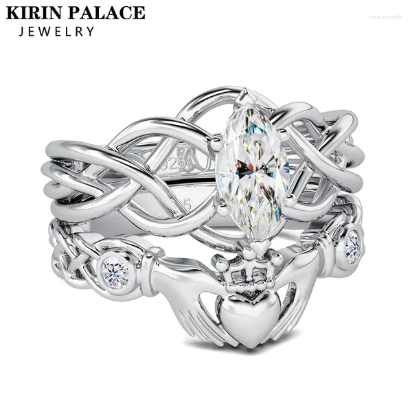 Кольца кластера, 2 шт., римский дизайн, комплект для пары, женское свадебное обручальное кольцо из стерлингового серебра, мужское кольцо с короной, сияющая 5А циркон, 14-каратное позолоченное покрытие