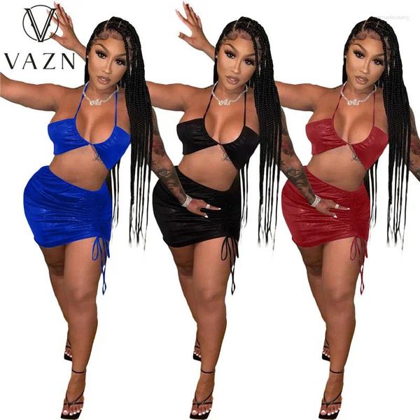 Abiti da lavoro VAZN 2023 Summer Style Solid Young Sexy Beach Open Little Chap Bikini Top Vita alta Mini Gonne Skinny Women 2 Piece Set