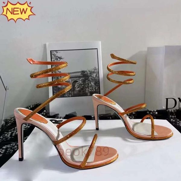 Snake Rhinestone Strass Stiletto Sandalet Rene Caovilla Cleo 95mm Akşam Ayakkabı Kadınların Yüksek Topuklu Ayak Bileği Sargısı Tasarımcı Fabrikası