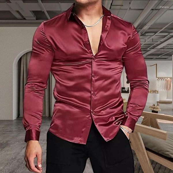 Camisas de vestido masculinas vermelho luxo brilhante cetim de seda manga comprida sólida casual magro festa de casamento camisa social plus size S-3XL