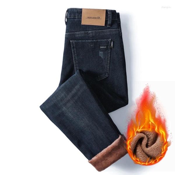 Calças de brim masculinas inverno velo grosso quente fino pequeno reto elástico denim calças casuais roupas masculinas moda calças de pelúcia