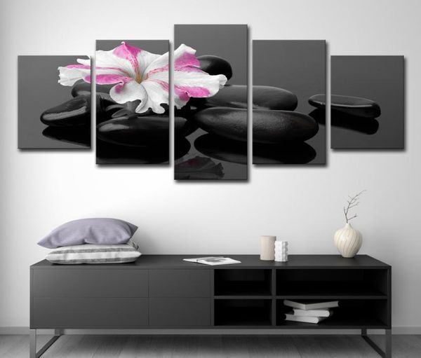 Canvas Wall Art Poster Modern HD Stampe Immagini 5 Pezzi Spa Pietre e Dipinti di fiori per soggiorno Home Decor3023364