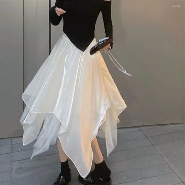 Gonne Gonna estiva irregolare in tulle Donna Vita alta Maglia asimmetrica Una linea Midi Coreana Office Lady All Match