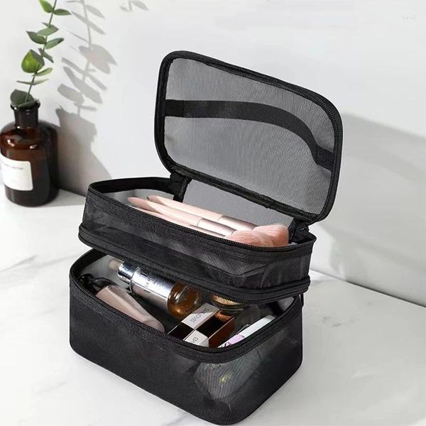 Borse portaoggetti Borsa da viaggio cosmetica in rete trasparente Borsa per trucco a doppio strato per donna Kit da toilette Borsa da toilette portatile 2023