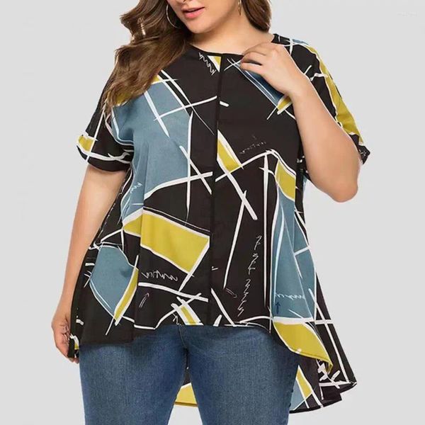 Blusas femininas em torno do pescoço superior elegante impressão geométrica verão camiseta com tecido macio respirável bainha irregular na moda correspondência de cores