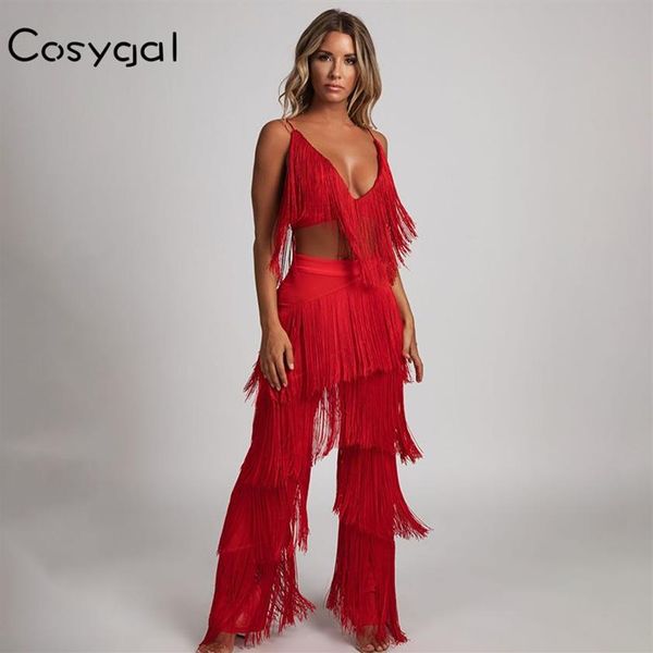 COSYGAL Rosso Pieno Nappa Tuta Sexy Pagliaccetti Donna New Fashion Vestito a due pezzi 2018 Elegante Party Night Clubwear Estate Tuta305l