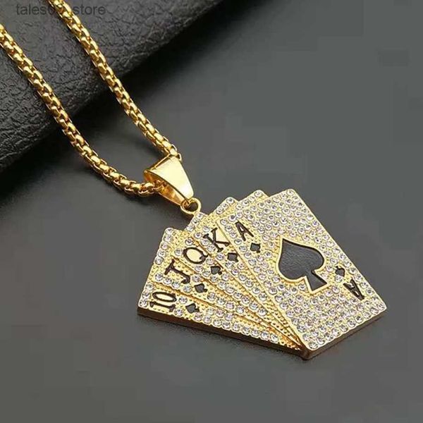 Anhänger Halsketten Hiphop Iced Out Spielkarte Straight Flush Anhänger mit Edelstahlkette Herren Halskette Goldener Schmuck Dropshipping Q231026