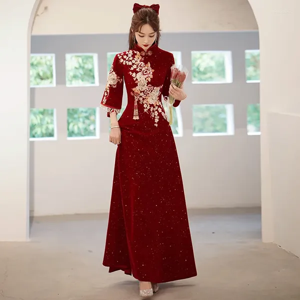 Etnik Giyim Gelin Uzun Kadife Elbise Bordo Vintage Plus Boyut 5xl Geleneksel Çin Yenilik Elbiseleri Düğün Nişan Zarif