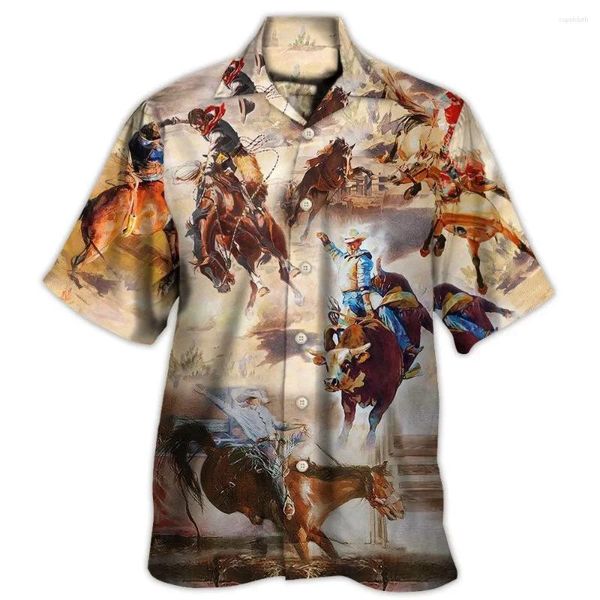 Männer Casual Hemden Western American Gedruckt Hemd 3d Pferd Kurzarm Tops Vintage Übergroße Männliche Kleidung Kuba Kragen Bluse