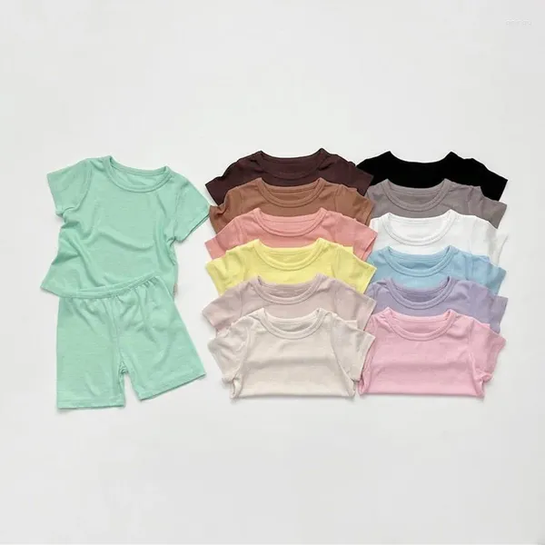 Conjuntos de roupas verão com nervuras manga curta camiseta shorts infantis 2 peças bonito menina menino terno homewear pijama conjunto atacado