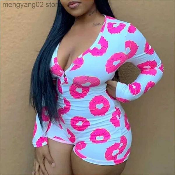 Macacões femininos macacão manga longa sexy playsuits mulheres impresso v pescoço botões bodycon pijama macacão shorts collant sleepwear senhoras homewear t231026