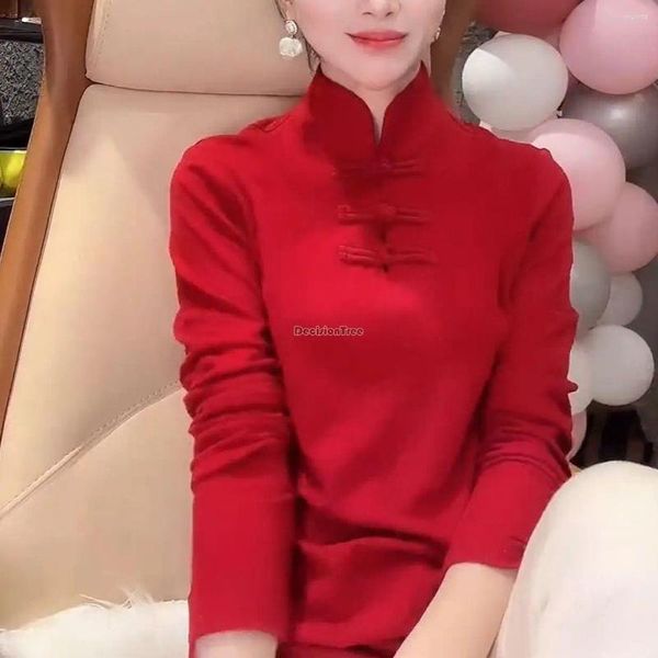 Abbigliamento etnico 2023 Stile nazionale cinese Colletto alla coreana Manica lunga Cheongsam Top Donna Autunno Inverno Disco Fibbia Tang Suit Camicetta S612