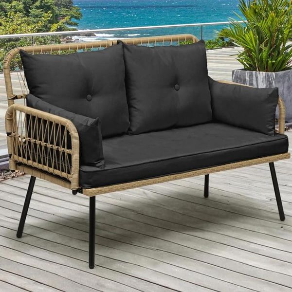 Походная мебель Плетеное уличное кресло для разговора в любую погоду из ротанга с мягкими подушками (светло-коричневый, черный)